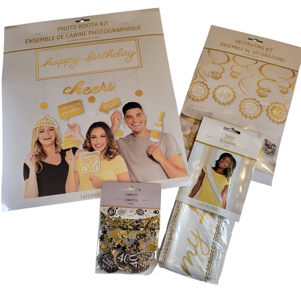 Gold & White 40th Birthday Party Kit - Photo Booth, Decor, Sash & Confetti